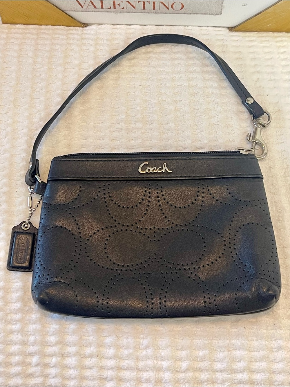 Coach Black Perforated Signature Leather Wristlet with Hang Tag